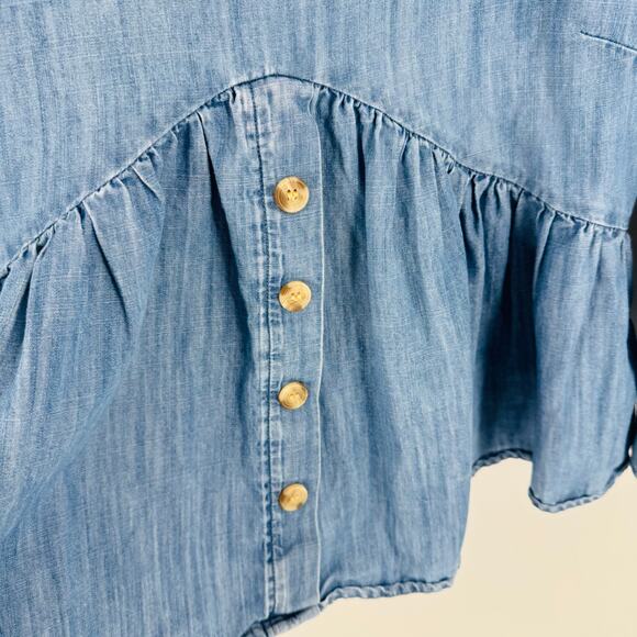 Boutique Fosh Chambray Peplum Blouse Long Bell Sleeve V-Neck Denim Top Size L - Picture 5 of 7